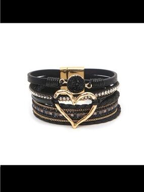 Black & Gold Boho Heart Charm Bracelet, with magnetic clasp
